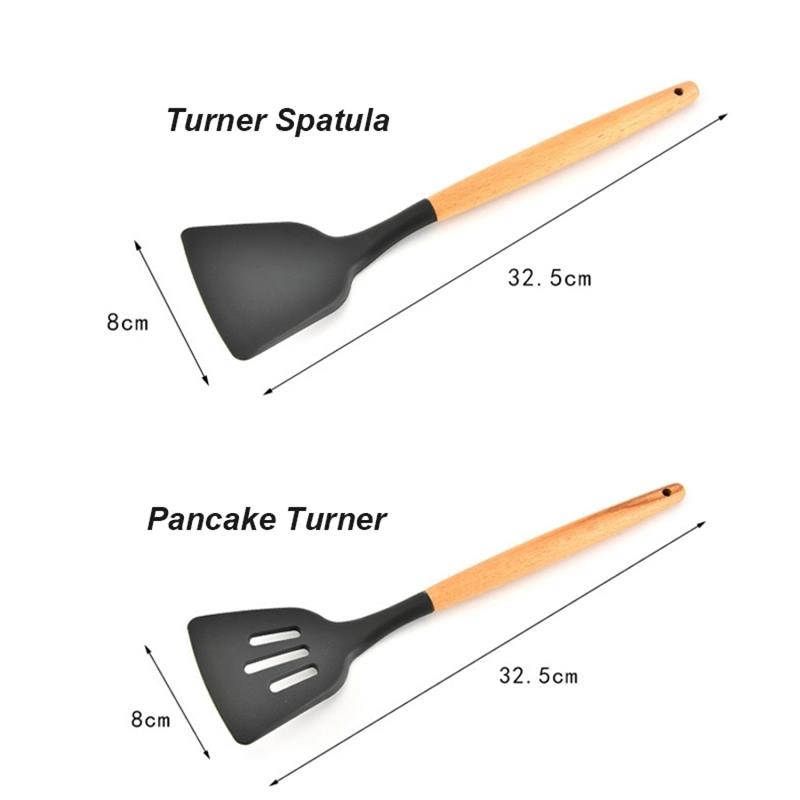 Wooden Handle Non-stick Heat Resistant Turner Spatula Pasta Spaghetti Server Silicone Rubber Cooking Kitchen Utensils Set