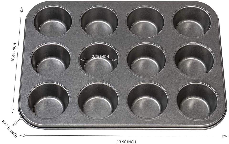 12 Cups Muffin and Cupcake Pan Nonstick Brownie Cake Pan Bakeware Carbon Steel for Oven Baking Gray Baking Dishes & Pans Metal