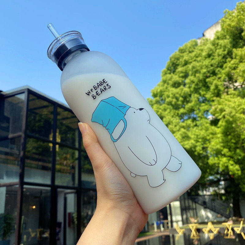 Panda Bear Cup Drinkware 1000ml Water Bottles Cartoon Water Bottle with Straw Transparent Frosted Leak-proof Cute Modern Offered