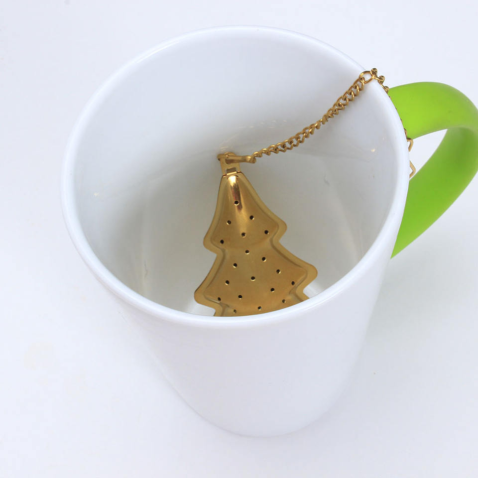 High Quality Stainless Steel Gold plated Christmas Tree Tea Infuser Filter with Universal Chain