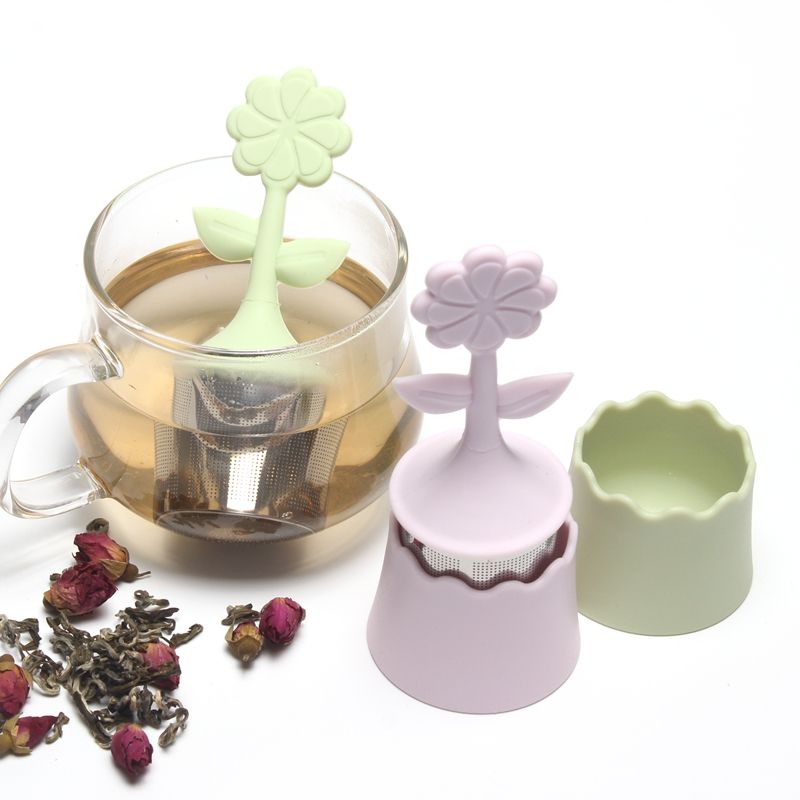 Silicone flower tea infuser with stainless steel fine etched holes and drip tray- perfect loose tea brewer