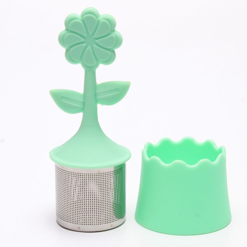Silicone sun flower tea infuser with stainless steel fine etched holes basket infuser and PP stand - perfect loose tea brewer