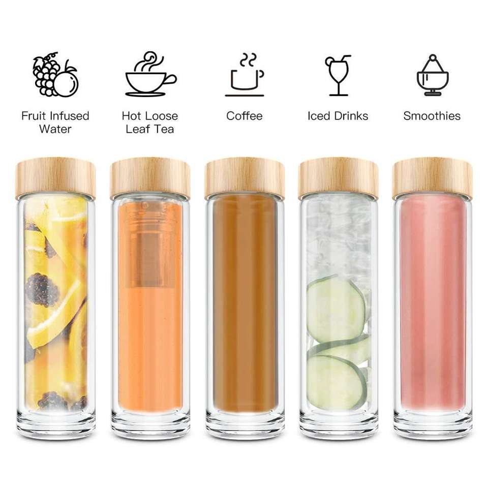 Double Wall Glass Water Bottle 450ml Bamboo Lid Drinking Glass with Tea Infuser Accessories Applicable for Boiling Water Fashion