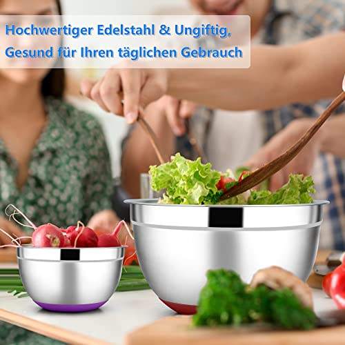 Stainless Steel Bowl with Airtight Lid and Non-Slip Base Salad Bowl Set-4.6 L  2.8 L  1.2 L