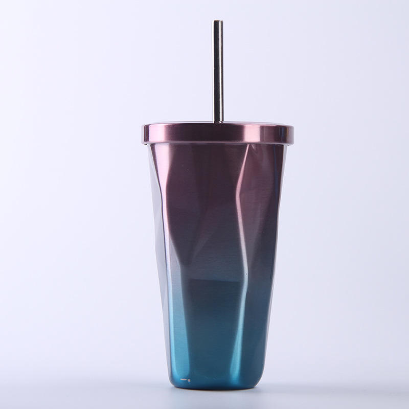 New design vacuum stainless steel insulation cup Diamond shaped water bottle with straw