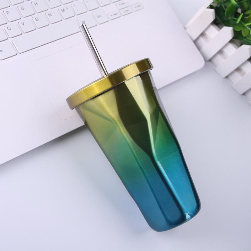 New design vacuum stainless steel insulation cup Diamond shaped water bottle with straw