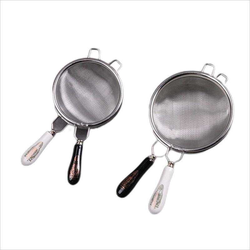 Loose Leaf Filter Ceramic Handle Gongfu Tea Accessories Vintage Chinese Tea Infuser Stainless Steel Dual Mesh Tea Strainer