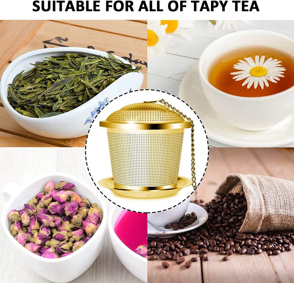 Tea Steeper Loose Leaf Tea Infuser Set Fine Mesh Sieve Tea Strainers with Spoon and Drip Trays Stainless Steel Gold Metal Office