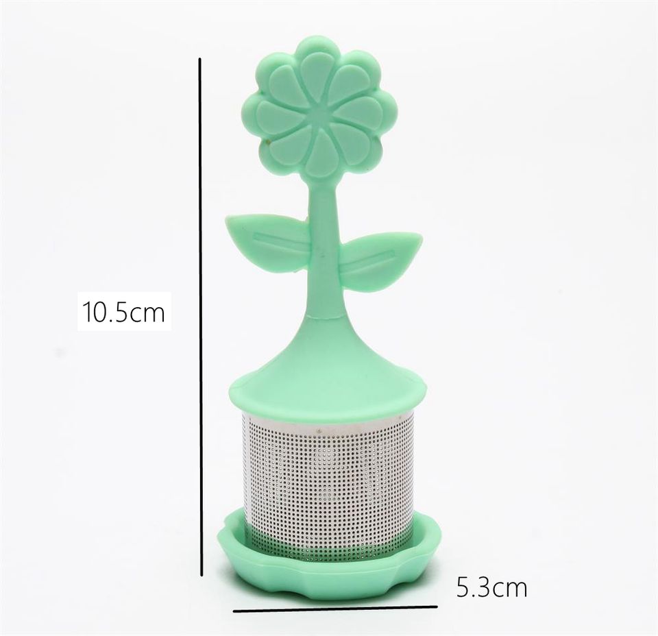 Silicone flower tea infuser with stainless steel fine etched holes and drip tray- perfect loose tea brewer