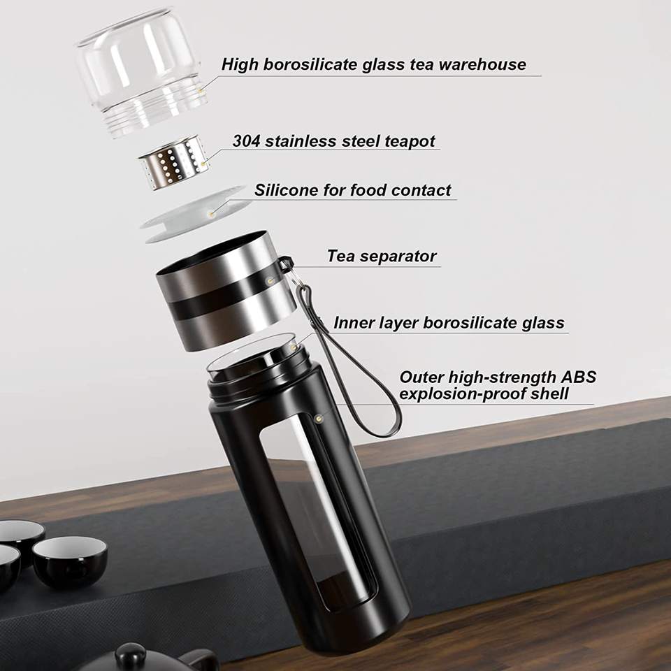 Borosilicate Double insulated glass Travel Tumbler Mug Bottle with Strainer for Loose Leaf Tea gifts